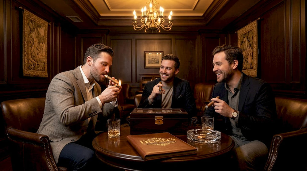 Friends enjoying cigars in lounge