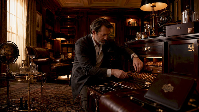 Man arranging cigars in mahogany humidor in study