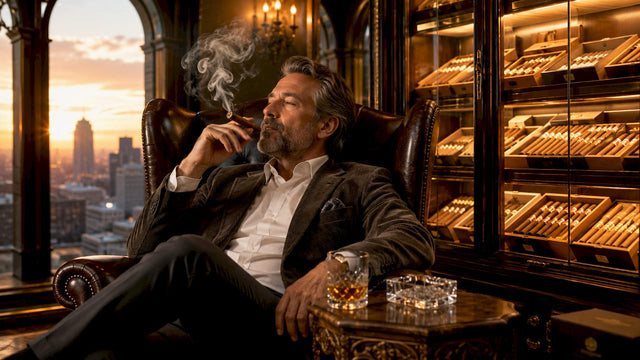 Man relaxing in luxury cigar tasting room with humidor