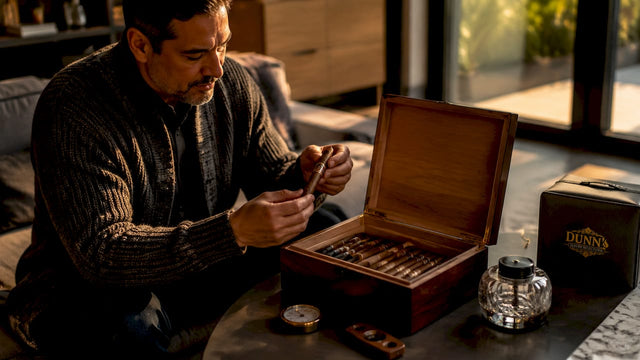 Man inspecting cigars in a cedar humidor