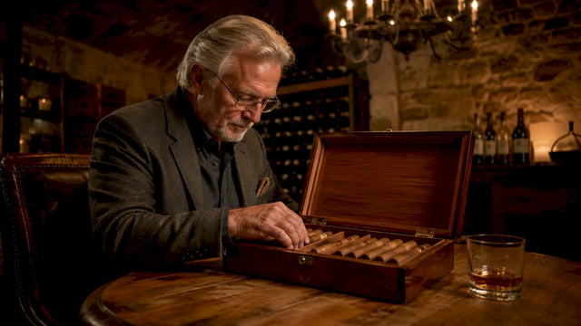Man inspecting cigars inside humidor