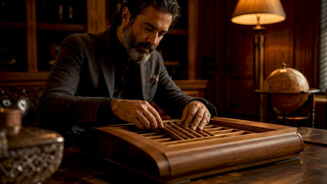 Man arranging cigars in humidor tray