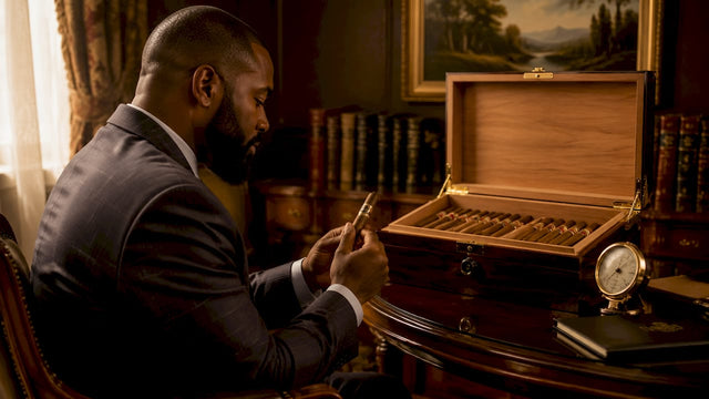 Open humidor with cigars and humidity devices