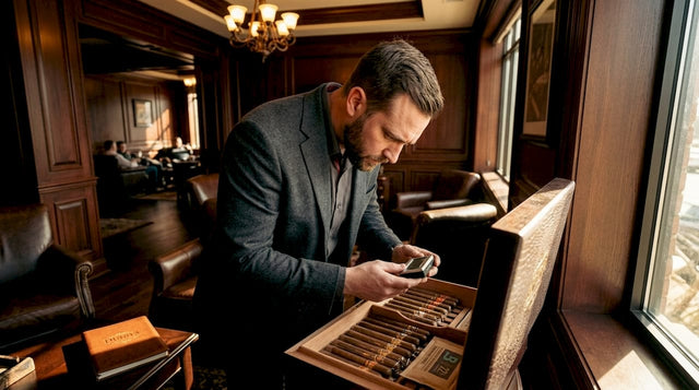 Man inspecting humidor humidity with hygrometer