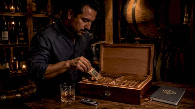 Person inserting Boveda pack into cigar humidor