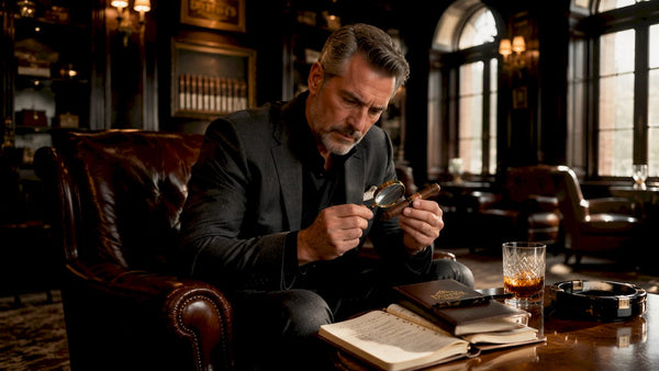 Collector examining exclusive cigar at home desk