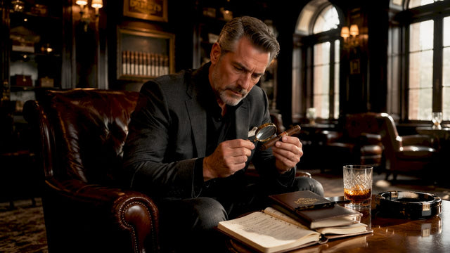 Collector examining exclusive cigar at home desk