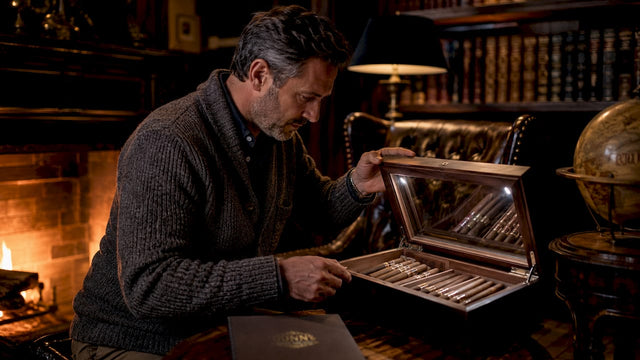 Man examining illuminated humidor interior