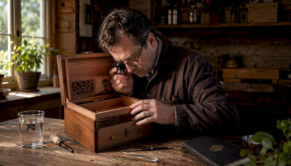 Man inspecting vintage humidor interior at workshop
