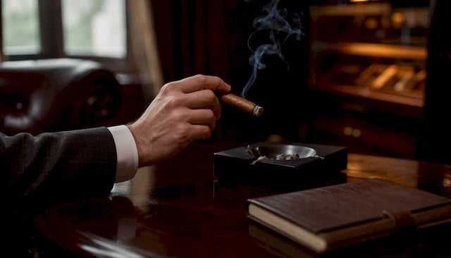 Hand holding cigar by journal on wooden table