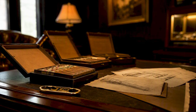 Antique cigar boxes and vintage cigar sketches on wood table