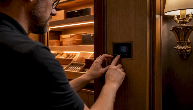 Hands calibrating walk-in cigar humidor control panel