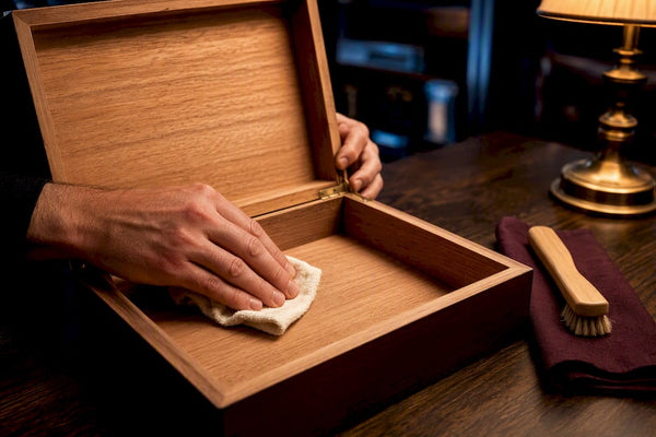 Hands cleaning cedar humidor lining
