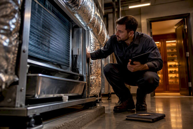 Technician inspecting HVAC coil for humidor