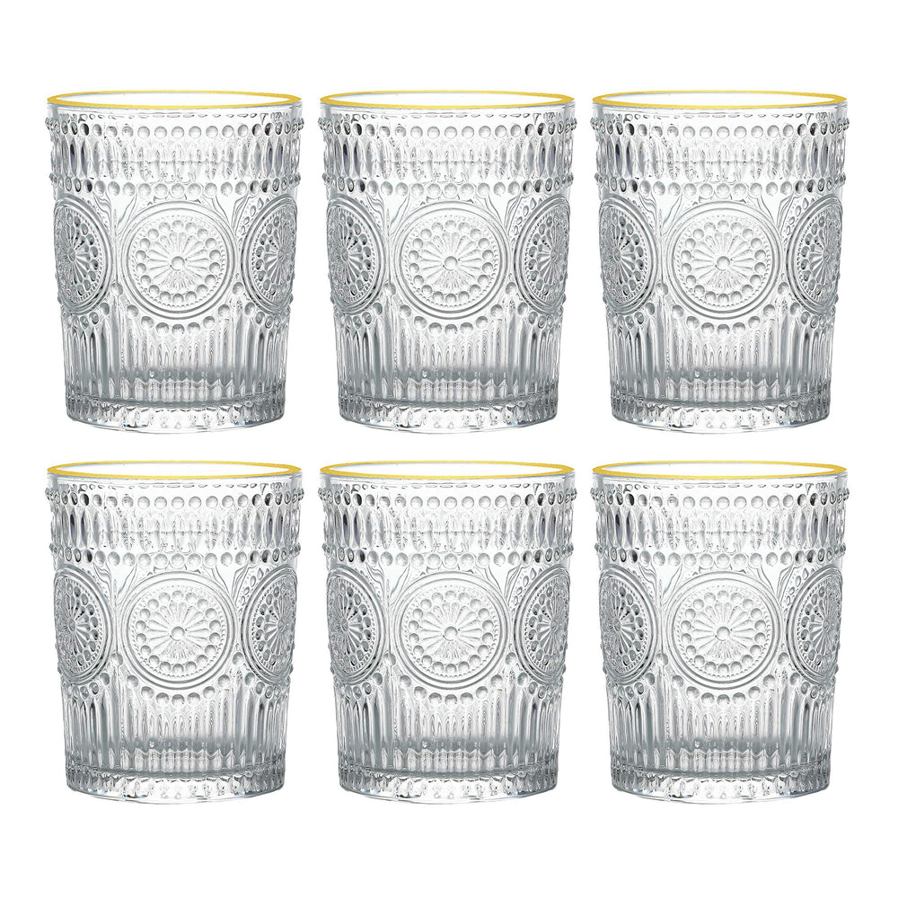 MOLADRI 10 oz Vintage Drinking Glasses Set Gold Rim 6