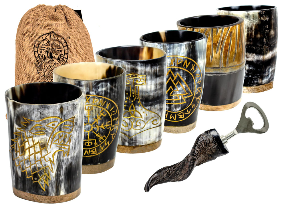 Authentic Viking Drinking Horn Shot Glasses (Set of 6) VEGVASIR-VALKNUT-WOLF-MJOLNIR-JARL-NATURAL