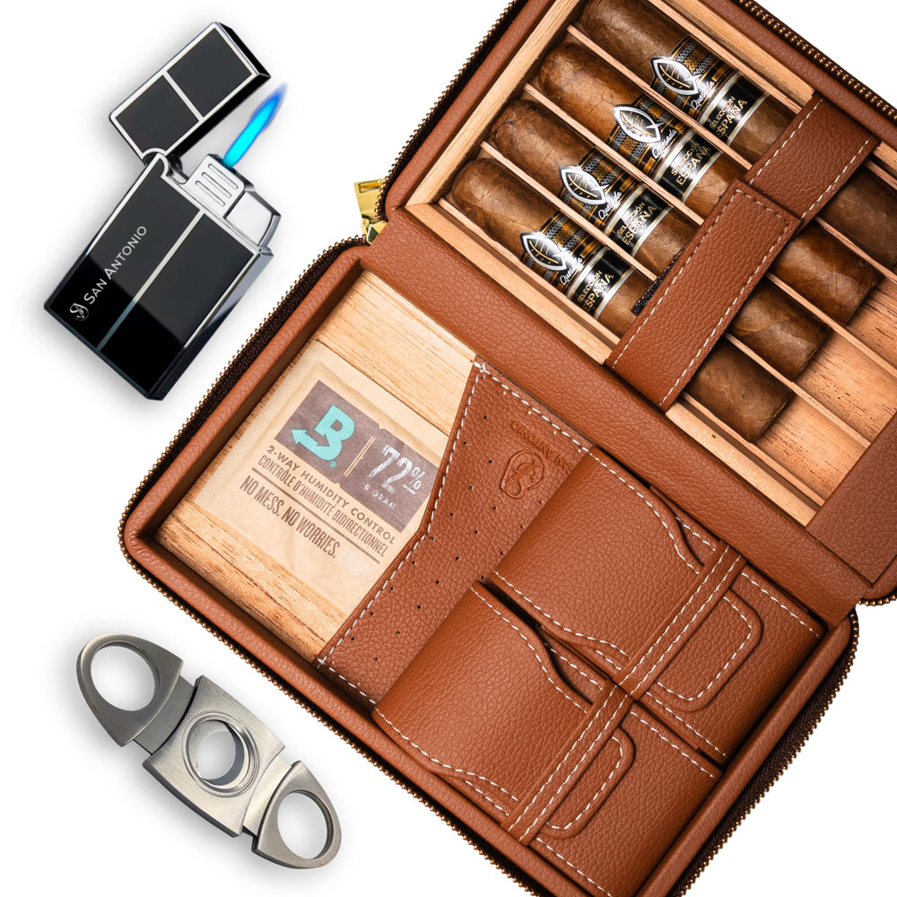 San Antonio Luxury Leather Travel Cigar Humidor Case Set n a