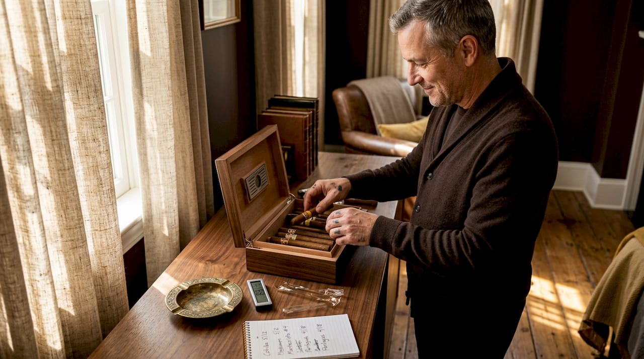 Home collector arranging cigars in open humidor