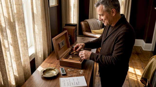 Home collector arranging cigars in open humidor