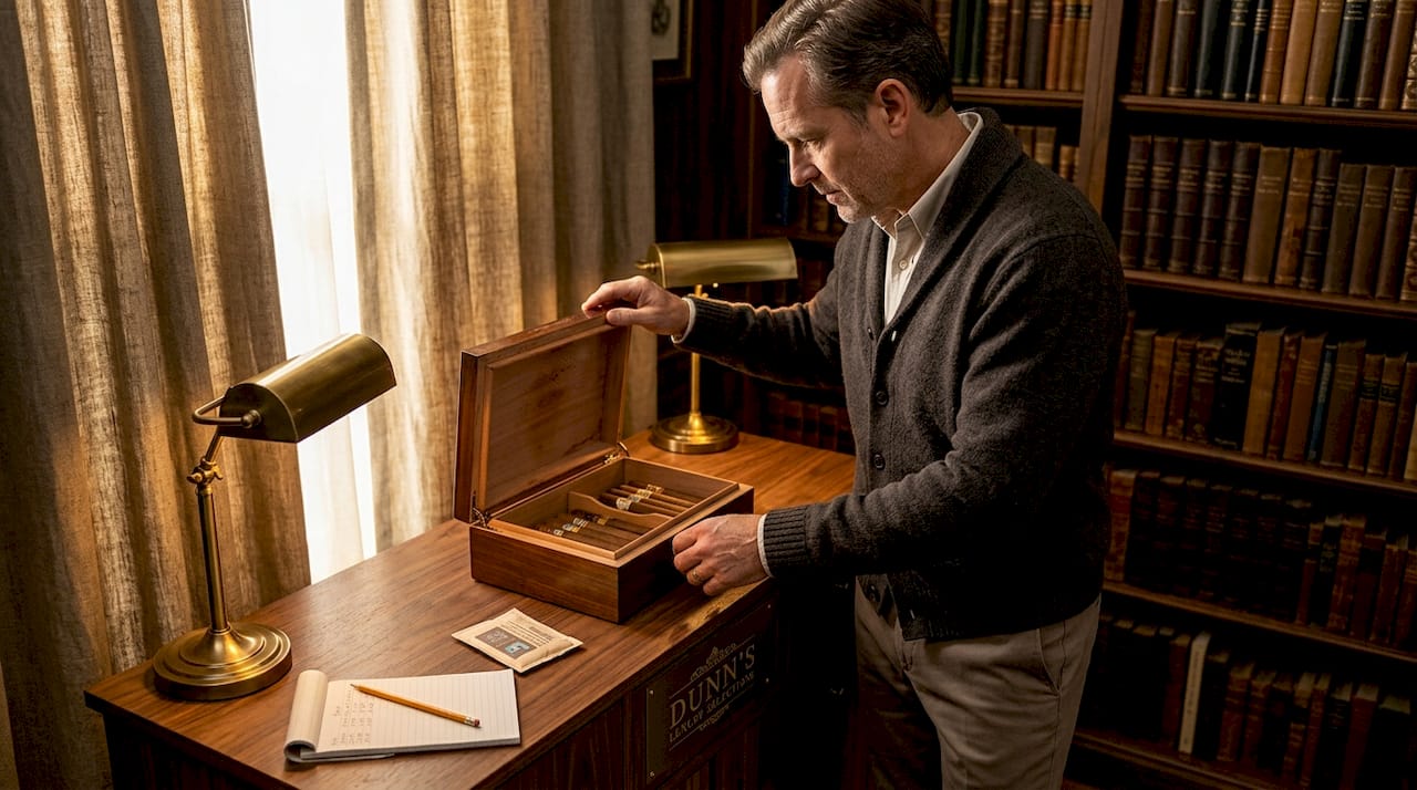 Man checking cigars in home library humidor