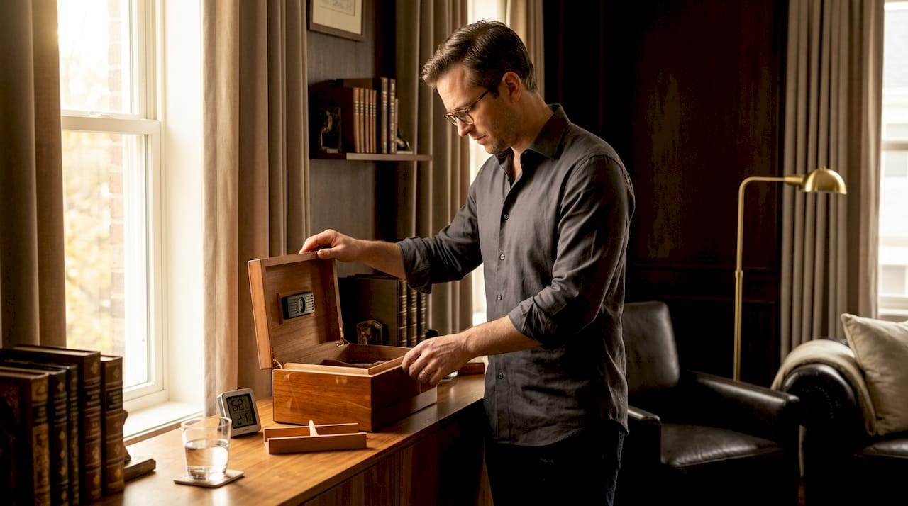 Cigar enthusiast tending to humidor at home