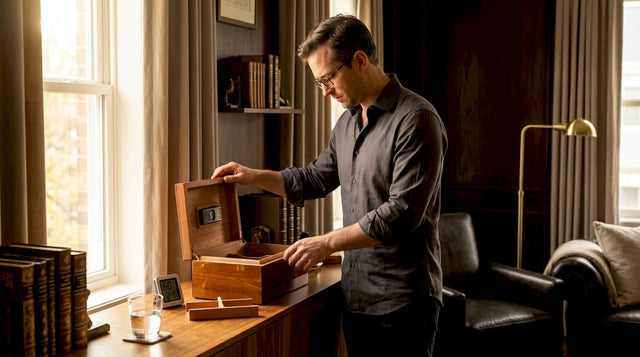 Cigar enthusiast tending to humidor at home