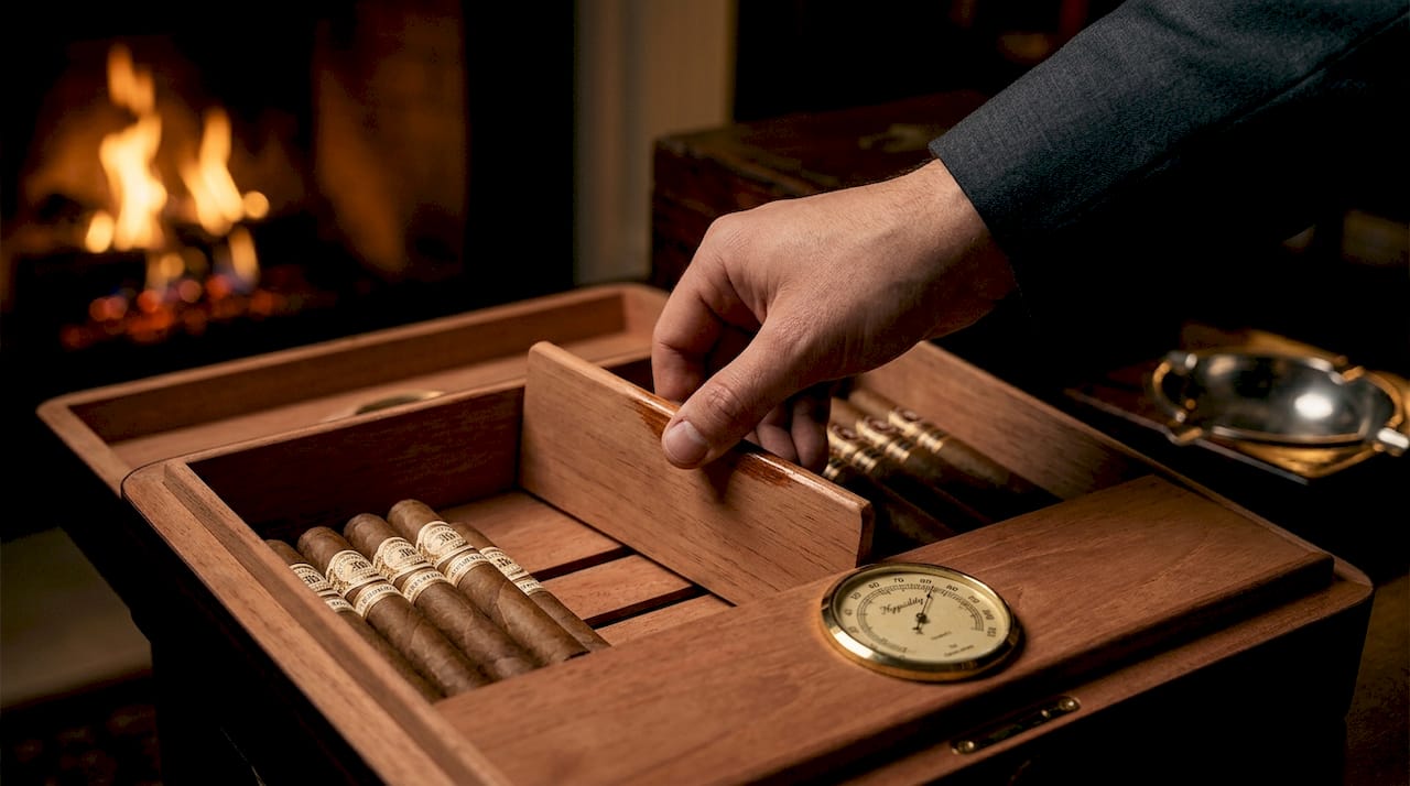 Hand adjusting cedar divider in humidor