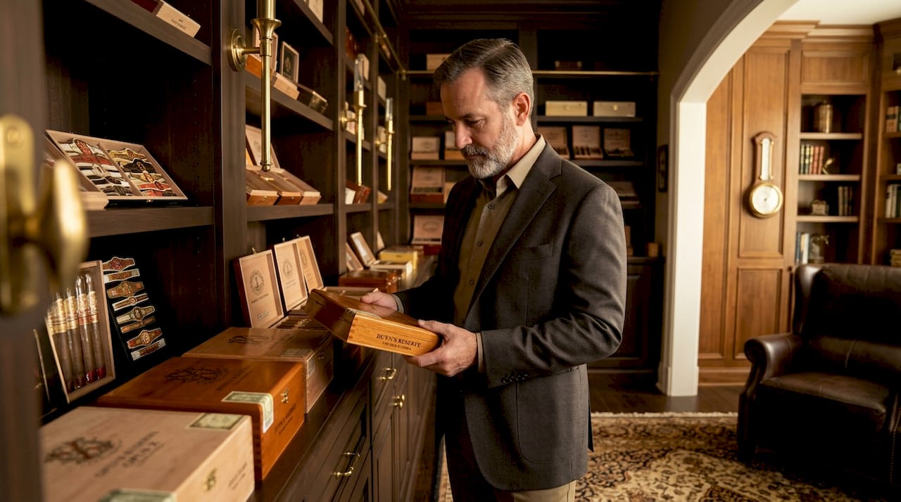 Collector in luxury walk-in humidor interior