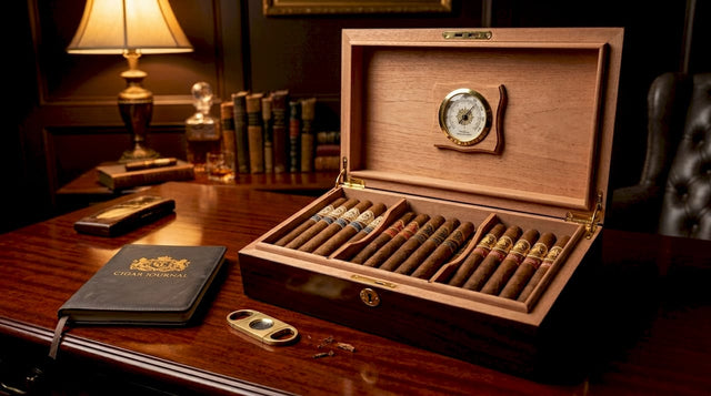 Open cedar humidor with cigars in elegant study