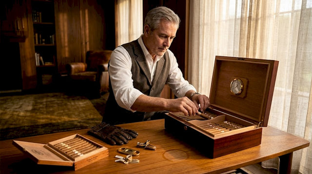 Man arranging cigars in luxury wood humidor