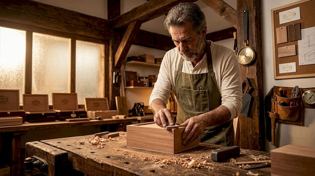 Craftsman sanding humidor at workbench