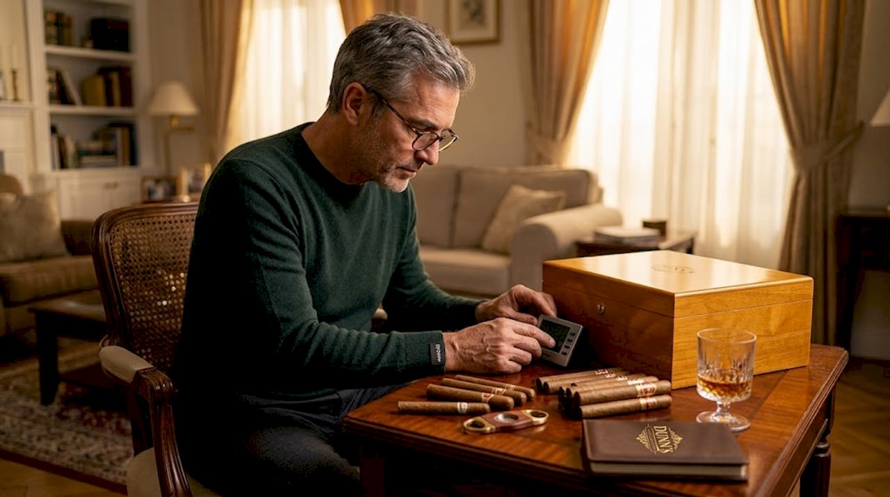 Cigar collector adjusting humidity tools at desk