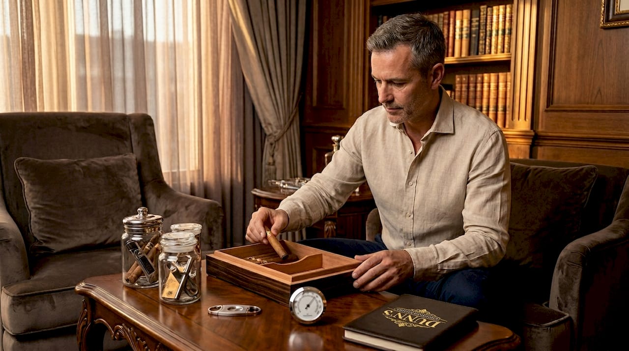Collector placing cigar in wood humidor