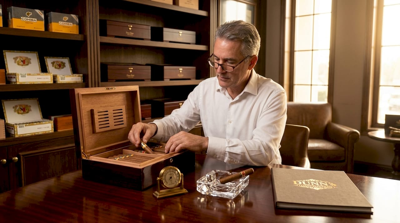 Man organizing cigars in home office humidors