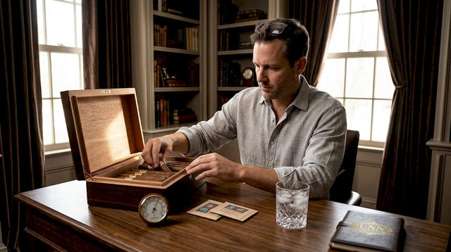 Man arranging cigars in humidor at home