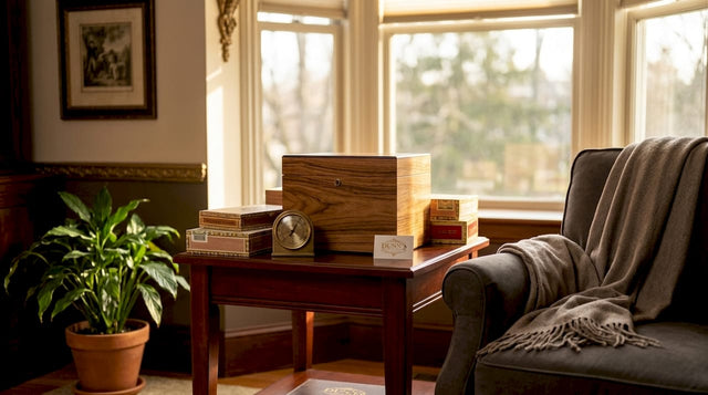 Elegant humidor on cozy home shelf