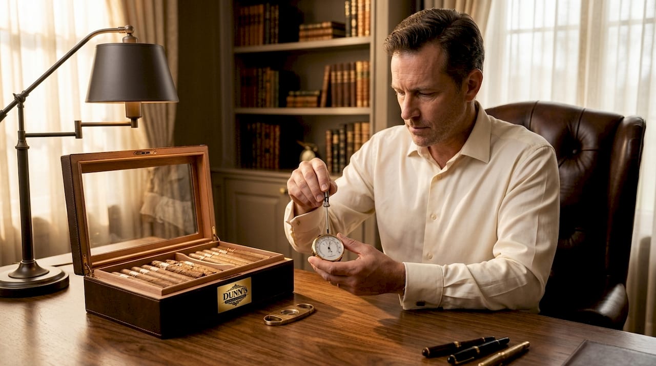 Man calibrating hygrometer at desk with cigars