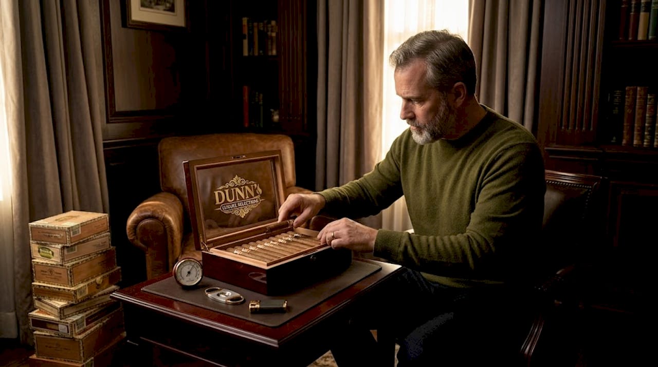 Man arranging cigars in glass humidor at home