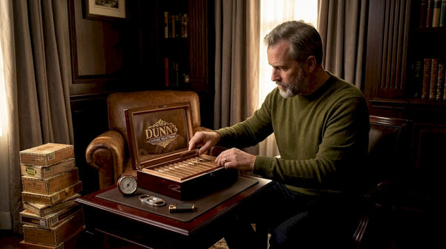 Man arranging cigars in glass humidor at home