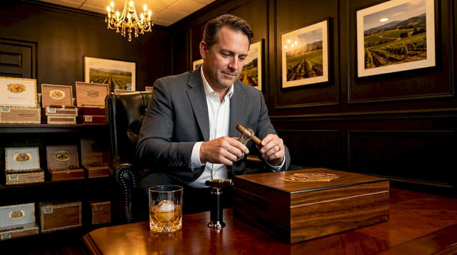 Man preparing cigar in home lounge with accessories