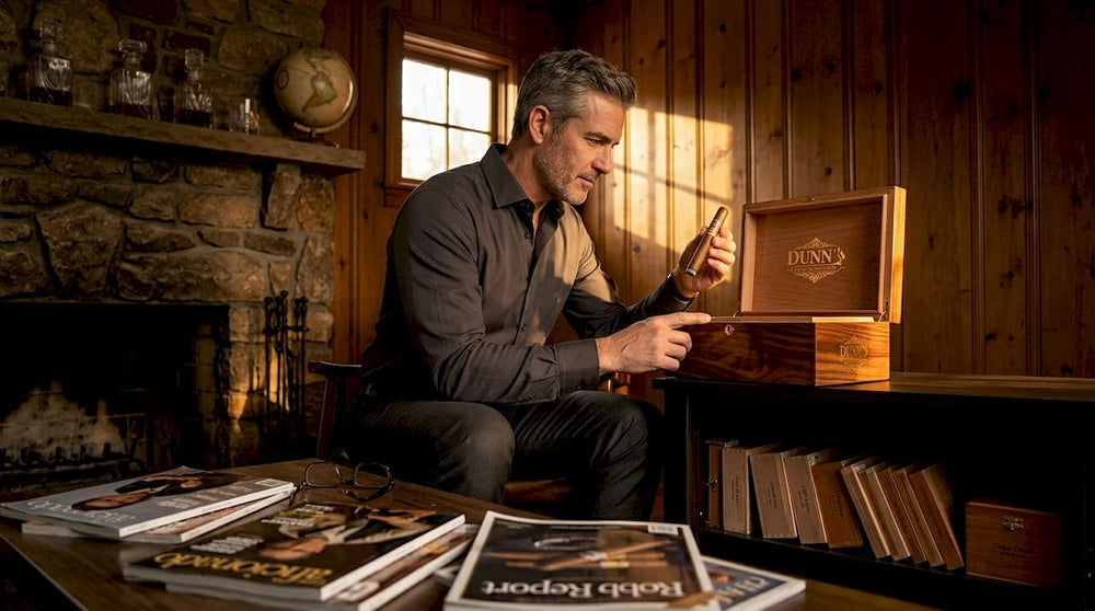 Person opening luxury cigar humidor in living room