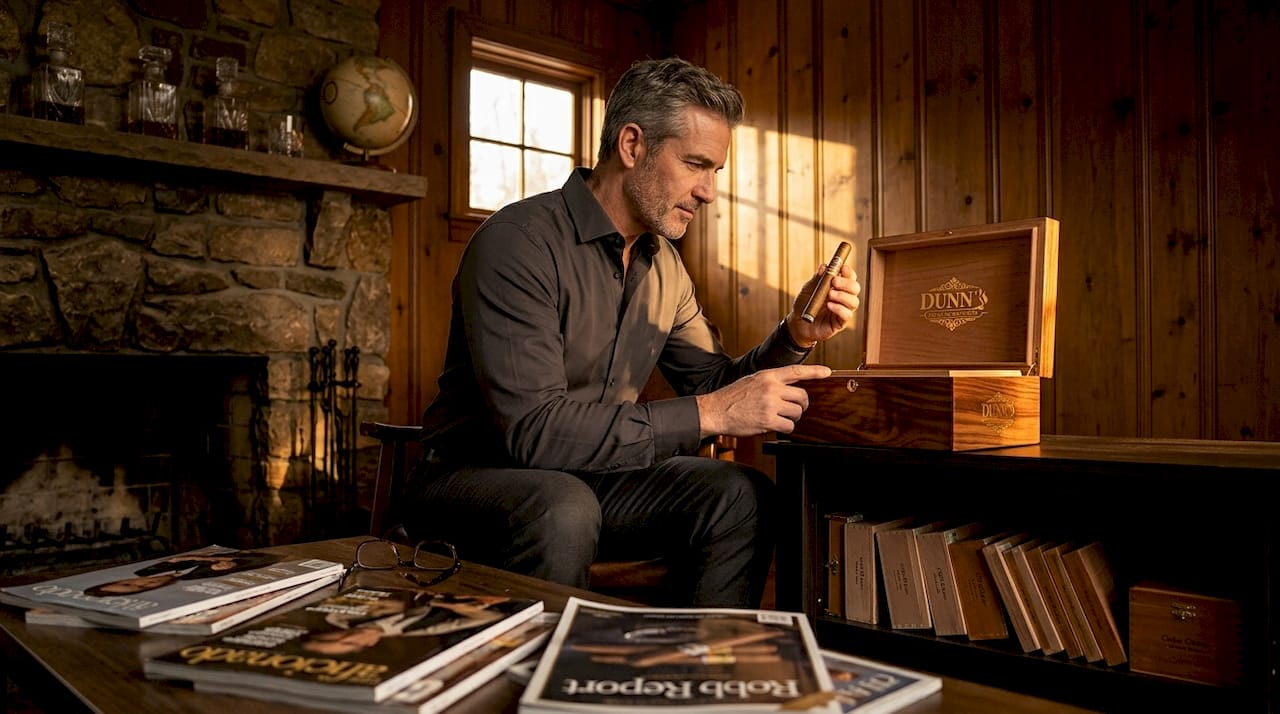 Person opening luxury cigar humidor in living room