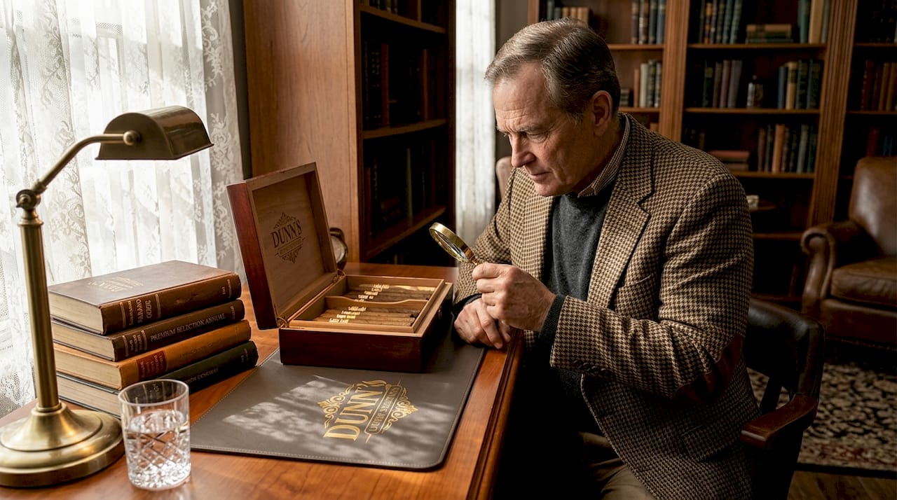Collector inspecting pre-seasoned humidor at desk
