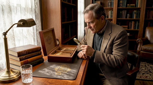 Collector inspecting pre-seasoned humidor at desk