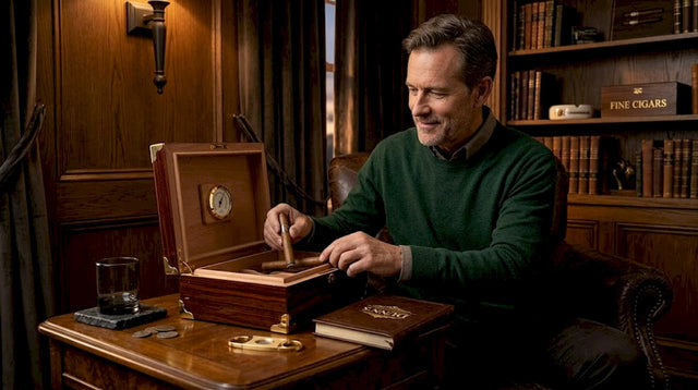 Man loads cigars into humidor in cozy living room