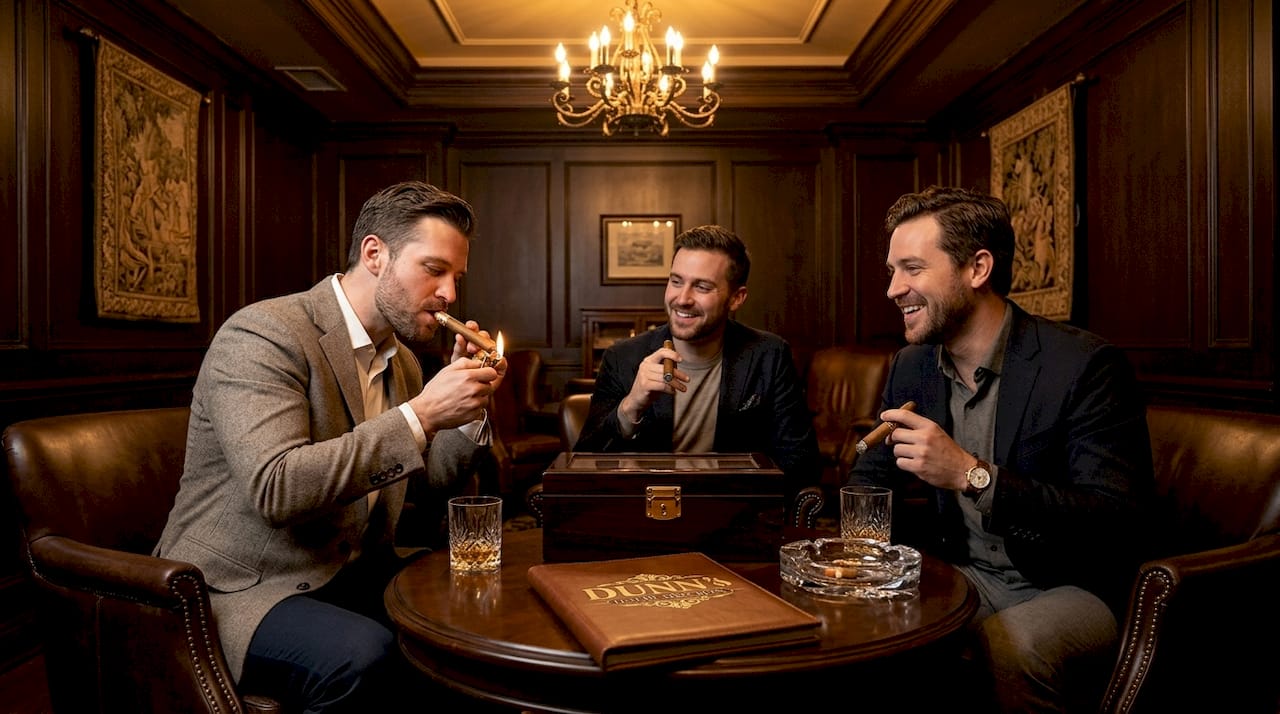 Friends enjoying cigars in lounge