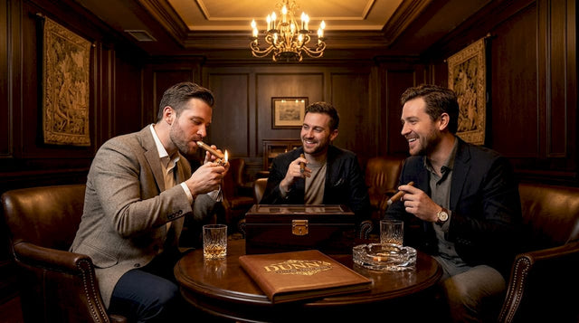 Friends enjoying cigars in lounge