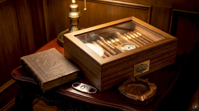 Close-up of cigar humidor with hygrometer display