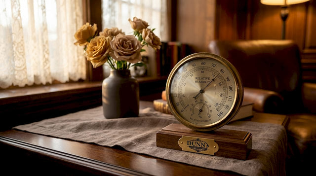 Analog hygrometer measuring indoor humidity on table