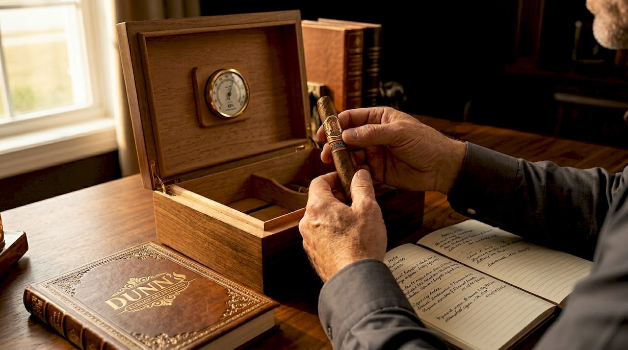 Hands holding cigar inside cedar humidor with notebook